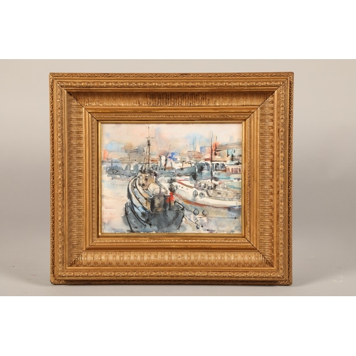 553 - William Sinclair (Scottish 1937-1997) Gilt framed watercolour 'A Busy Clyde Dock' 17cm x22cm Provena... 