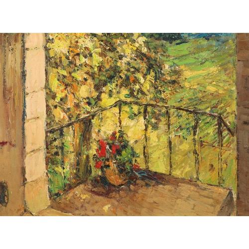 572 - William Ludlow (Active 1930 - 1960) Framed oil on board, signed 'Colourful Balcony' 38cm x 50cm... 