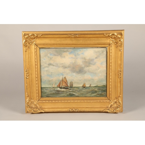 578 - E. Boudin Gilt framed oil on canvas, bears signature and date 'Bateaux De Peche' 30.6cm x 40.6cm... 