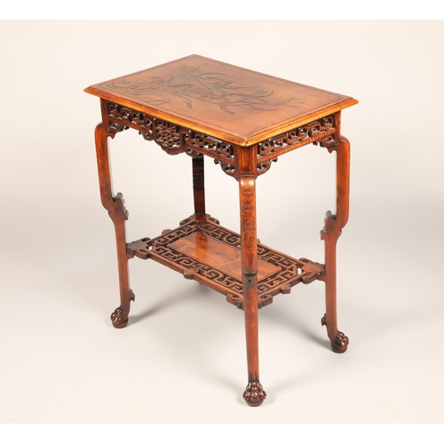 615 - 19th/20th century Chinese side table, rectangular top with moulded edge with foliate carving to surf... 