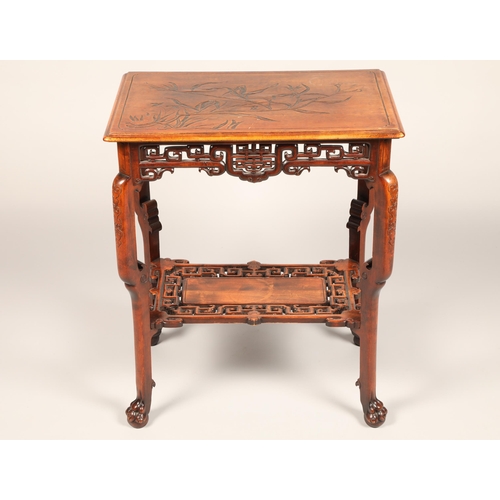 615 - 19th/20th century Chinese side table, rectangular top with moulded edge with foliate carving to surf... 