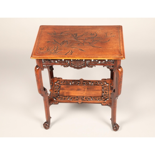 615 - 19th/20th century Chinese side table, rectangular top with moulded edge with foliate carving to surf... 