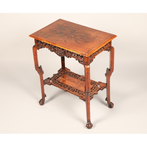 615 - 19th/20th century Chinese side table, rectangular top with moulded edge with foliate carving to surf... 