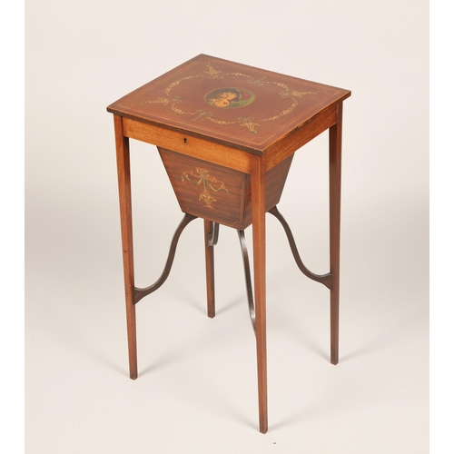 617 - 19th century satinwood sheraton style work table, hinged cover with a hand painted portrait of a cla... 