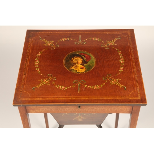 617 - 19th century satinwood sheraton style work table, hinged cover with a hand painted portrait of a cla... 