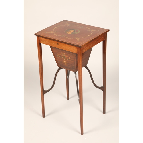 617 - 19th century satinwood sheraton style work table, hinged cover with a hand painted portrait of a cla... 