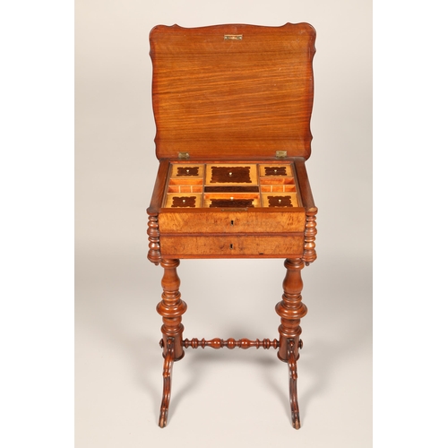 620 - Victorian walnut sewing work box, hinged lid revealing fitted interior with fitted drawer on turned ... 