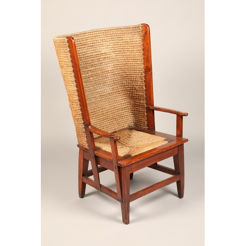 621 - Early 20th century pine framed Orkney chair with rush seat back (revarnished) length 60cm, height 10... 