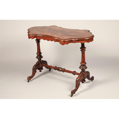 622 - Victorian walnut inlaid stretcher table, length 103cm, depth 54cm, height 72cm