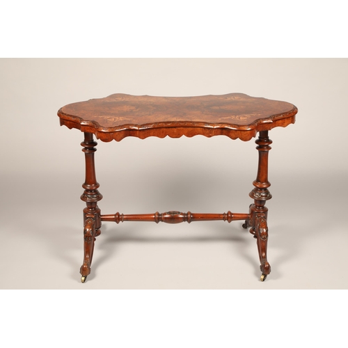 622 - Victorian walnut inlaid stretcher table, length 103cm, depth 54cm, height 72cm