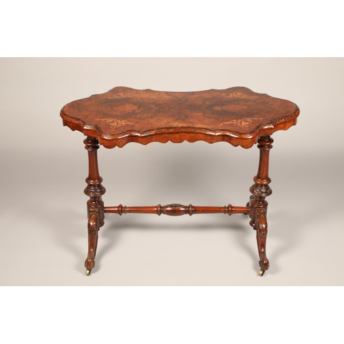 622 - Victorian walnut inlaid stretcher table, length 103cm, depth 54cm, height 72cm