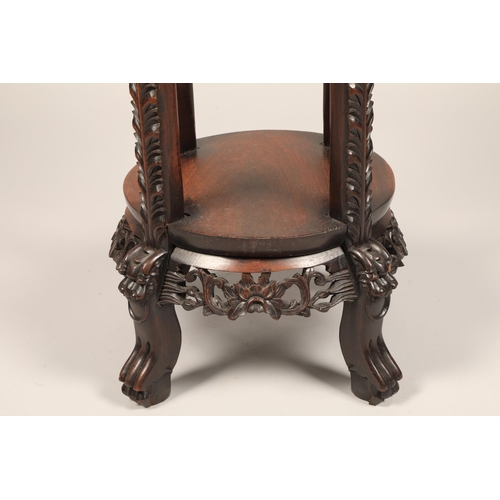 624 - Chinese carved Jardiniere stand with rouge marble insert with carved apron with under tier, height 8... 