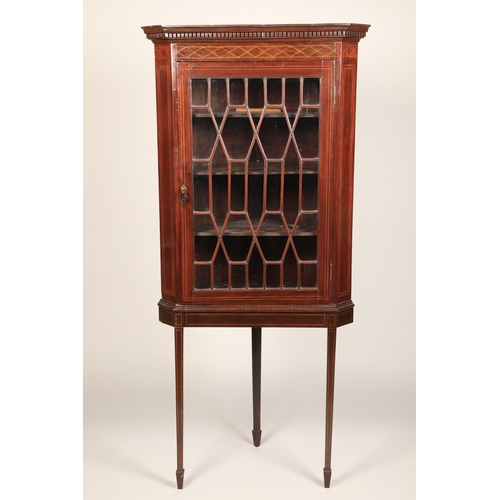 629 - Edwardian inlaid mahogany glazed corner cabinet on stand, height 181cm