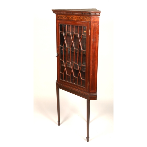 629 - Edwardian inlaid mahogany glazed corner cabinet on stand, height 181cm