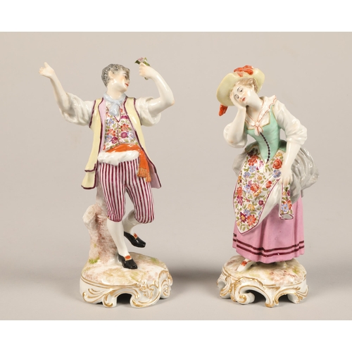 73 - Pair 19th century Meissen style figures, blue crossed swords and incised numbers to base, height 20c... 