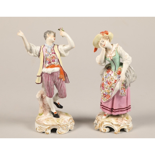 73 - Pair 19th century Meissen style figures, blue crossed swords and incised numbers to base, height 20c... 