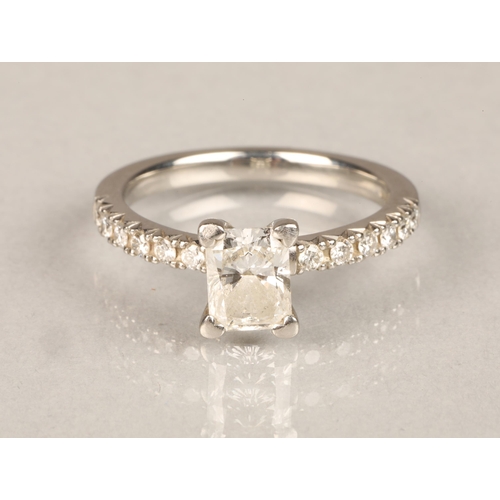 86 - Ladies platinum diamond solitaire ring, radiant cut 1.5 carat with diamond shoulders set on a platin... 