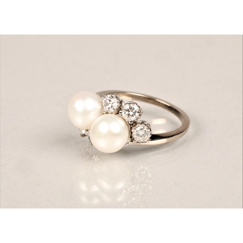 88 - Ladies 18ct white gold, pearl and diamond ring. Two pearls surrounded by five 0.1 carat diamonds on ... 