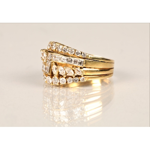 92 - Ladies 18ct yellow gold cluster ring, in the form of four rings fused together, set with brilliant c... 