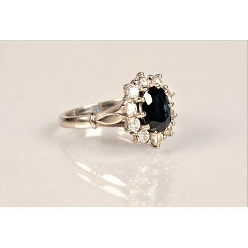 95 - Ladies 18ct white gold, diamond and sapphire ring, central sapphire surrounded by ten 0.1 carat diam... 