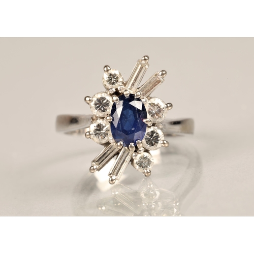 96 - Ladies 18ct white gold diamond and sapphire ring, central sapphire surrounded by brilliant and bague... 