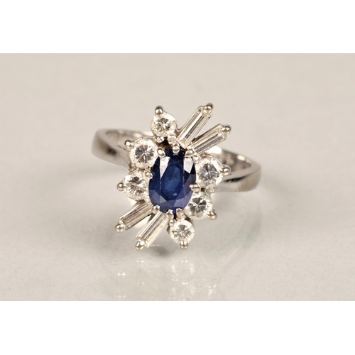 96 - Ladies 18ct white gold diamond and sapphire ring, central sapphire surrounded by brilliant and bague... 