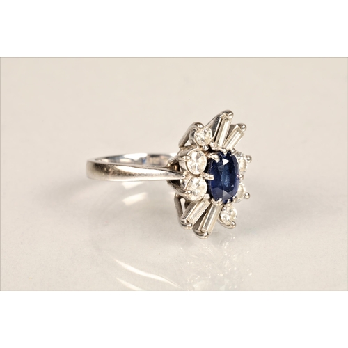 96 - Ladies 18ct white gold diamond and sapphire ring, central sapphire surrounded by brilliant and bague... 