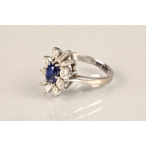 96 - Ladies 18ct white gold diamond and sapphire ring, central sapphire surrounded by brilliant and bague... 