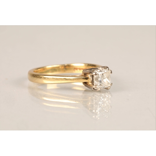 97 - Ladies 18ct yellow gold diamond solitaire ring, princess cut, 0.75 carat diamond set on an 18ct yell... 