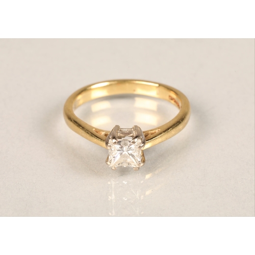 97 - Ladies 18ct yellow gold diamond solitaire ring, princess cut, 0.75 carat diamond set on an 18ct yell... 