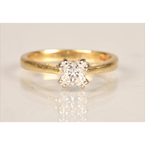 97 - Ladies 18ct yellow gold diamond solitaire ring, princess cut, 0.75 carat diamond set on an 18ct yell... 