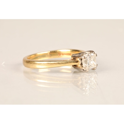 97 - Ladies 18ct yellow gold diamond solitaire ring, princess cut, 0.75 carat diamond set on an 18ct yell... 