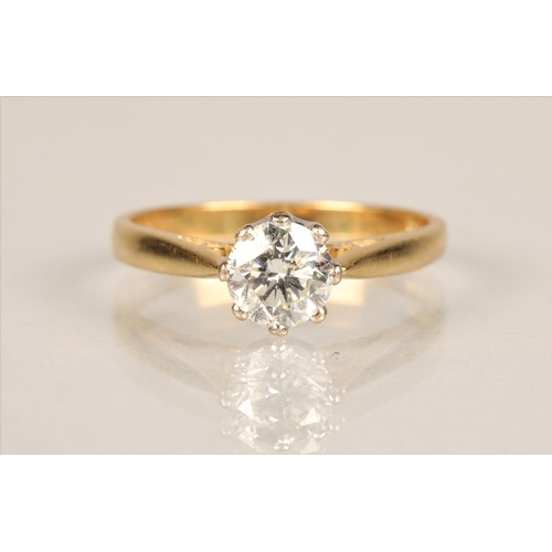 98 - Ladies 18ct yellow gold diamond solitaire ring, one carat brilliant cut diamond, ring size P