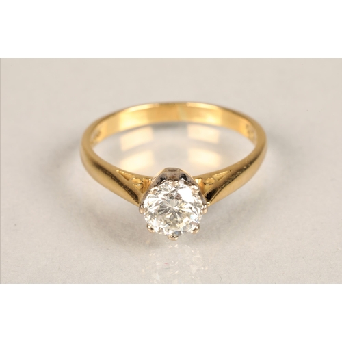 98 - Ladies 18ct yellow gold diamond solitaire ring, one carat brilliant cut diamond, ring size P