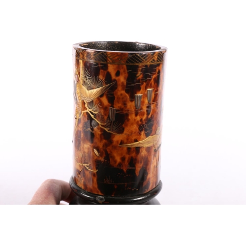 136 - Japanese lacquered tortoiseshell vase, or brush pot, on wood stand, 20.5cm high. #41