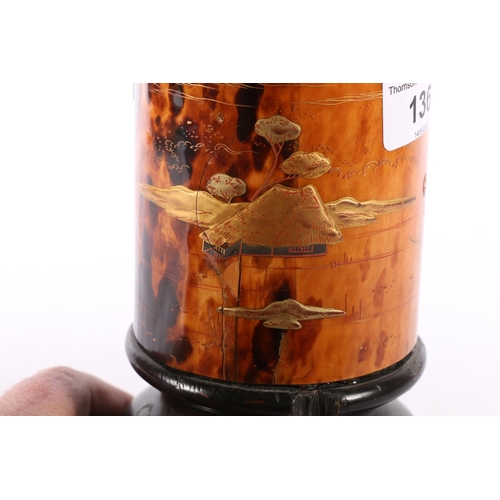 136 - Japanese lacquered tortoiseshell vase, or brush pot, on wood stand, 20.5cm high. #41