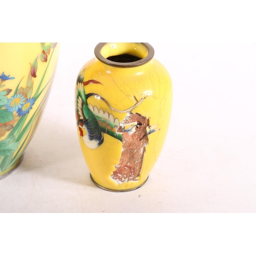 145 - Yellow ground cloisonné enamel vase, with chrysanthemum design, 30cm high, and a pair of smaller vas... 