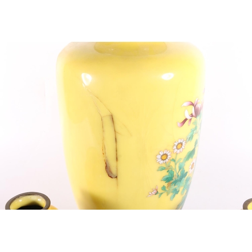 145 - Yellow ground cloisonné enamel vase, with chrysanthemum design, 30cm high, and a pair of smaller vas... 