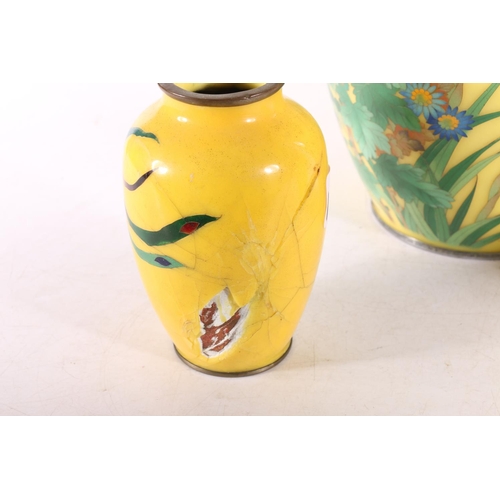 145 - Yellow ground cloisonné enamel vase, with chrysanthemum design, 30cm high, and a pair of smaller vas... 