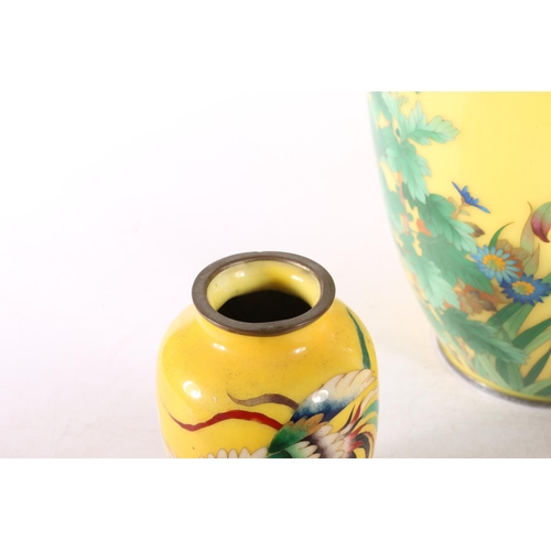 145 - Yellow ground cloisonné enamel vase, with chrysanthemum design, 30cm high, and a pair of smaller vas... 