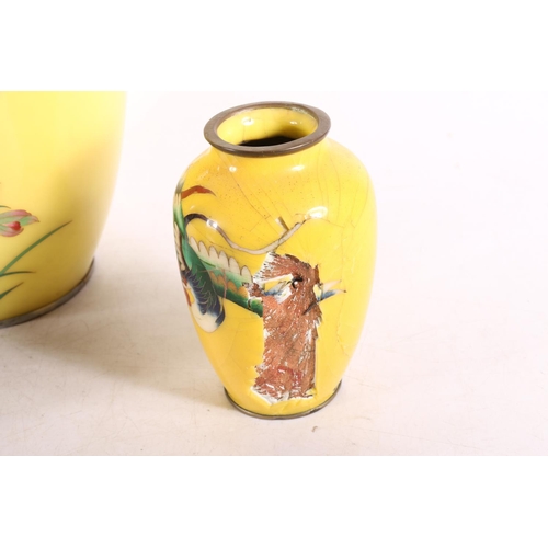 145 - Yellow ground cloisonné enamel vase, with chrysanthemum design, 30cm high, and a pair of smaller vas... 