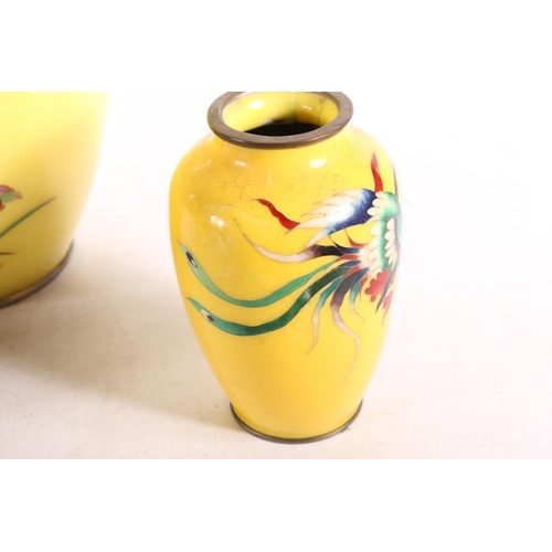 145 - Yellow ground cloisonné enamel vase, with chrysanthemum design, 30cm high, and a pair of smaller vas... 