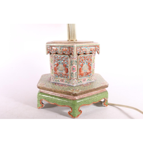 147 - 19th century Chinese porcelain hexagonal temple lamp, now converted to electricity, with shade, 52cm... 