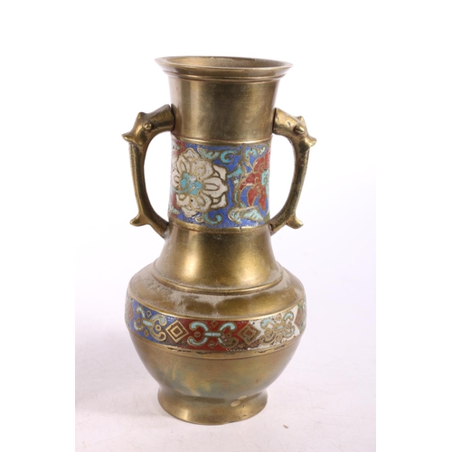 148 - Two bronze champleve enamel vases, 19cm high. (2)