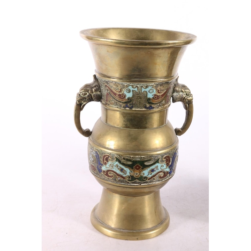 148 - Two bronze champleve enamel vases, 19cm high. (2)