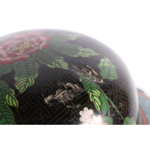 149 - Chinese cloisonné black ground ginger jar with lid, floral decoration, 25cm high. #81