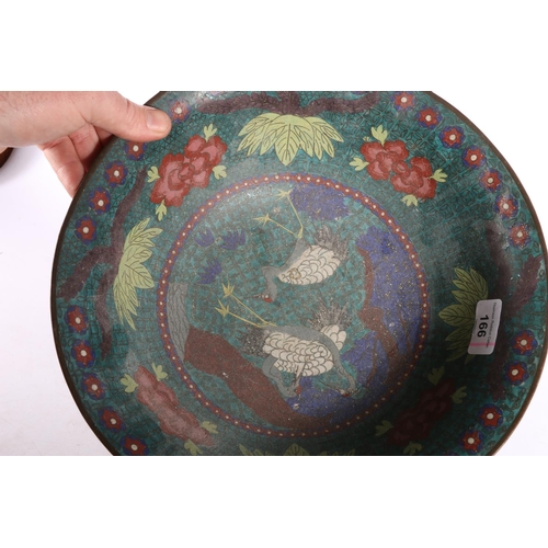 166 - Chinese cloisonné bowl, the dark green ground decorated with egrets, 30cm diameter. #316