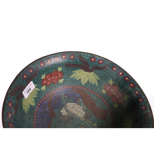 166 - Chinese cloisonné bowl, the dark green ground decorated with egrets, 30cm diameter. #316