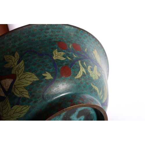 166 - Chinese cloisonné bowl, the dark green ground decorated with egrets, 30cm diameter. #316