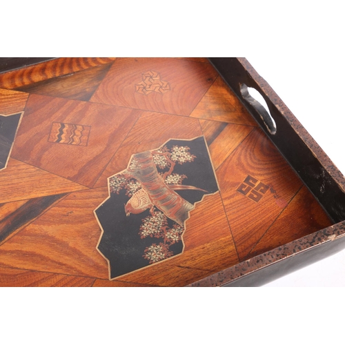 169 - Japanese Yosegi marquetry inlaid and lacquered wooden tray, 51cm long. #274